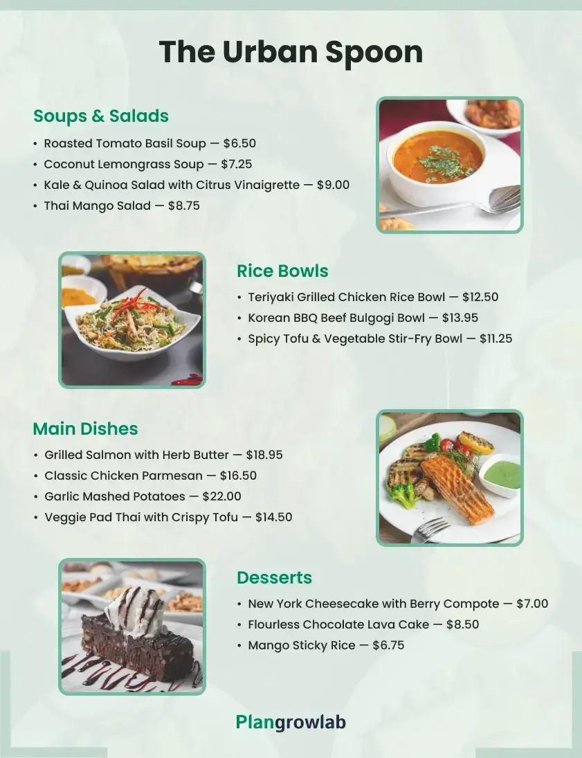 restaurant business plan menu