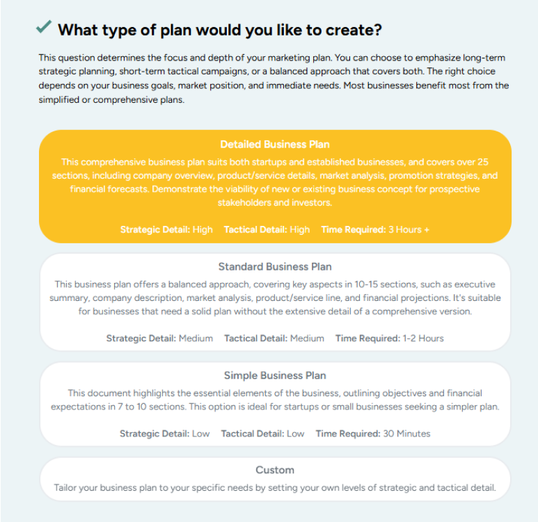Venture planner what type of plan would you like to create